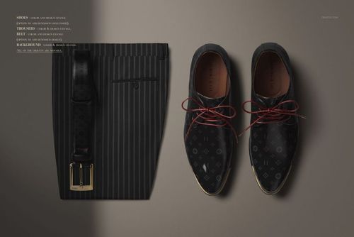 Men's fashion PSD mockup featuring tailored pinstripe pants, a black belt, and black leather shoes with red laces.