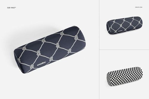 Bolster pillow mockup set featuring three cylindrical pillows in different patterns on a white background.