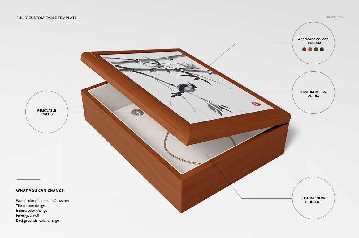 PSD mockup of a rectangular wood jewelry box with removable jewelry and a decorative ceramic tile lid, front perspective.