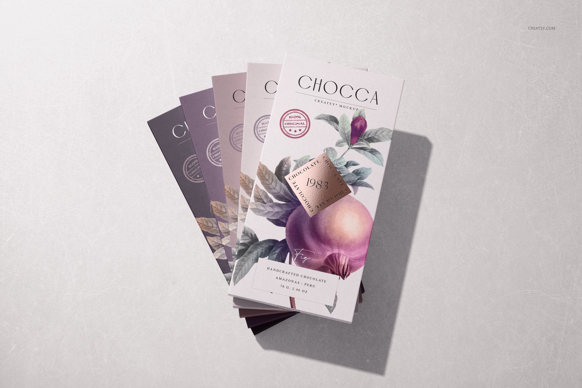 Stack of chocolate bar packaging mockups with botanical illustrations and pastel colors, viewed from above.