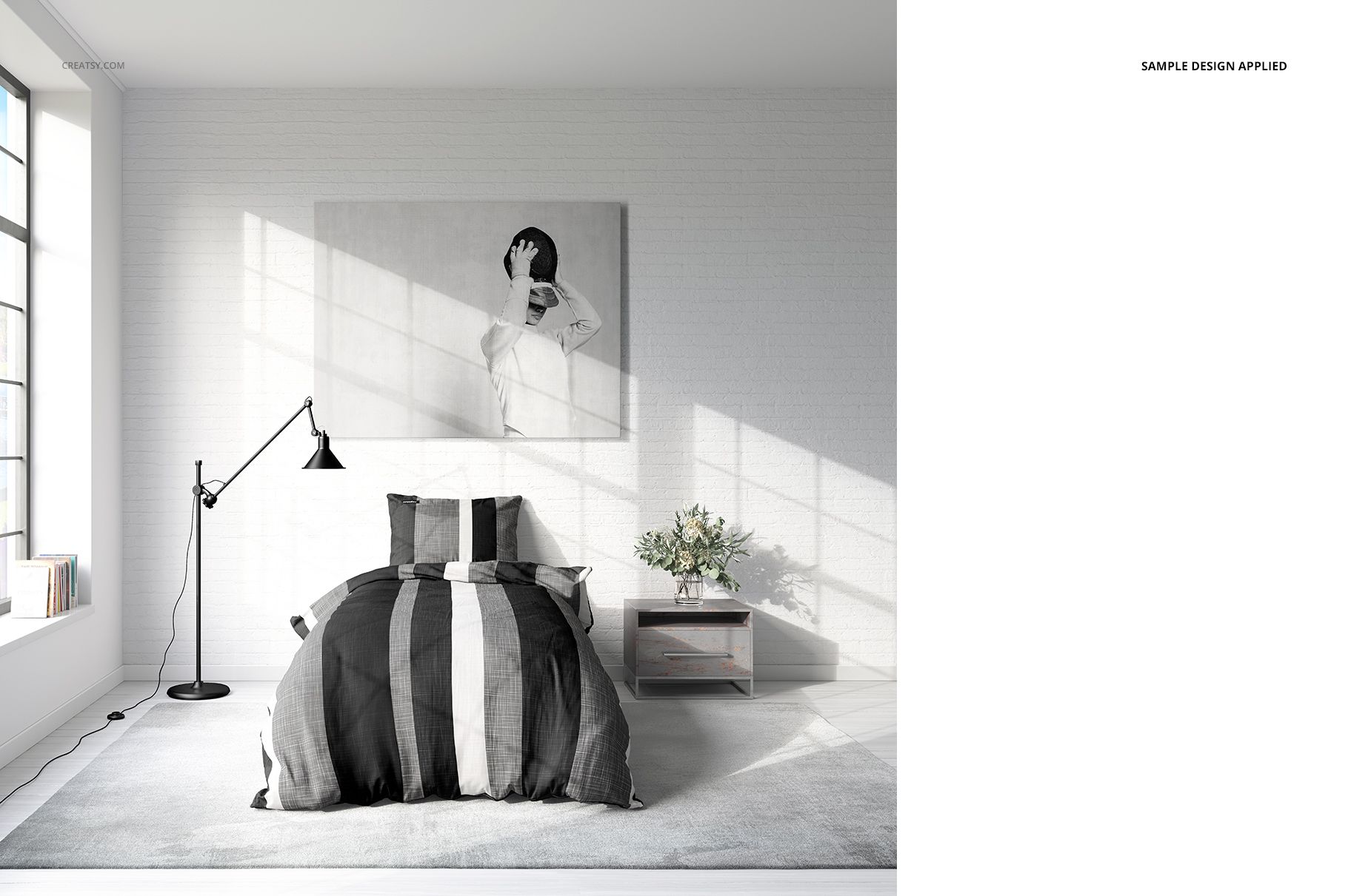 Single bed bedding mockup featuring vertical black, white, and gray stripes, placed in a minimalist bedroom scene.