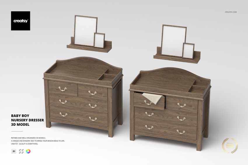 Front view of two wooden nursery dressers with curved tops, three drawers, and decorative handles on a light background.
