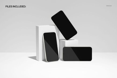 PSD mockup showing three iPhone 12 Pro phones on simple white blocks with subtle shadows and clean composition.
