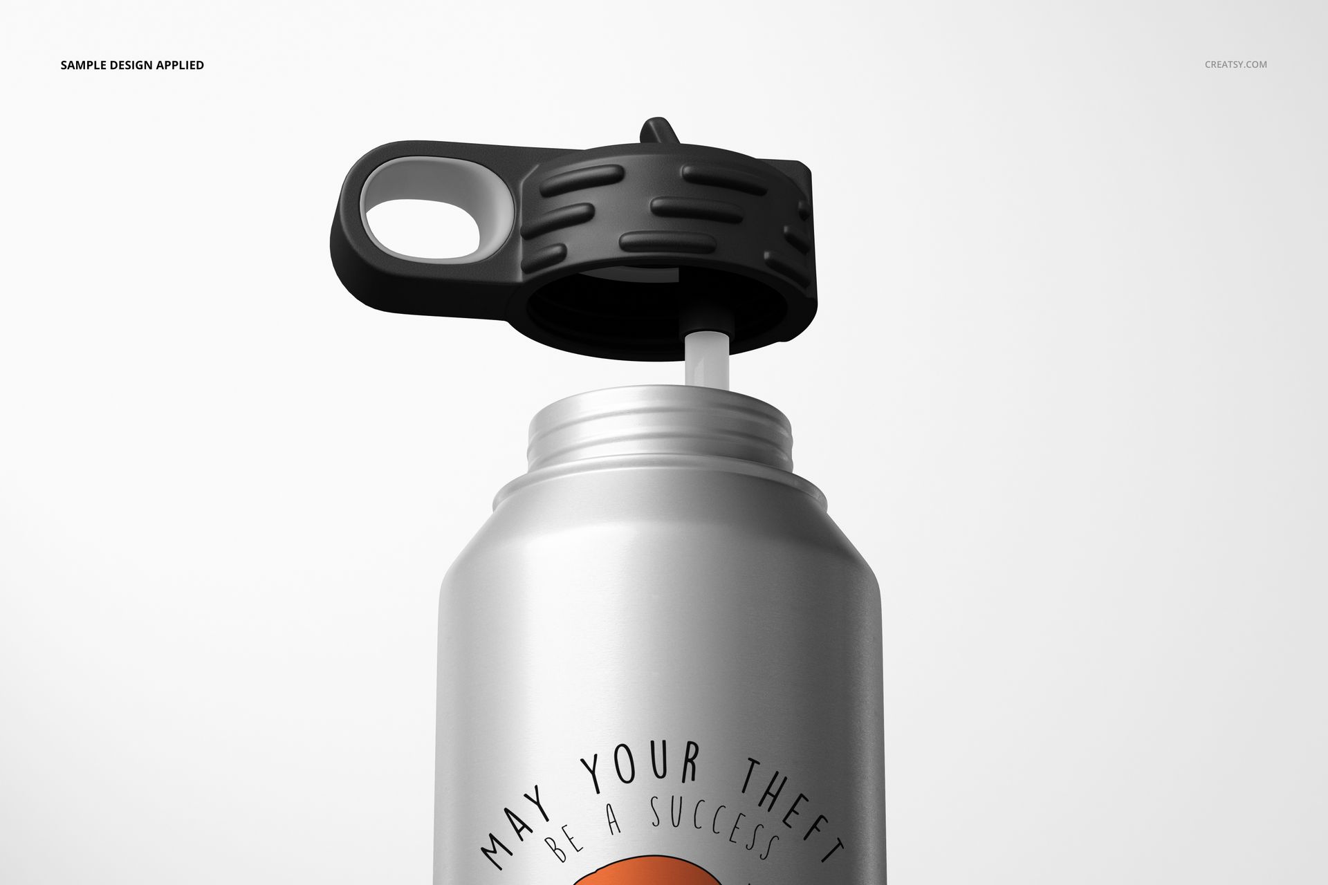 Close-up of a 40 oz. stainless steel water bottle mockup with open black cap and visible printed text on the front.