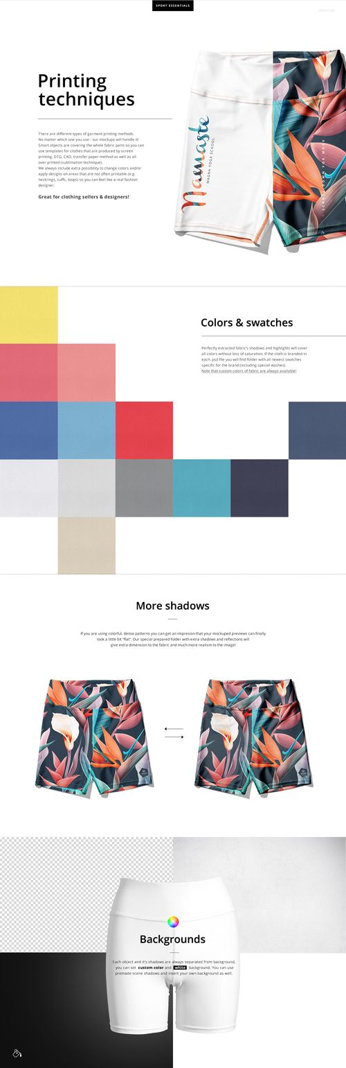 Yoga shorts mockup with all-over print design, shown from front and back views, featuring colorful tropical patterns.