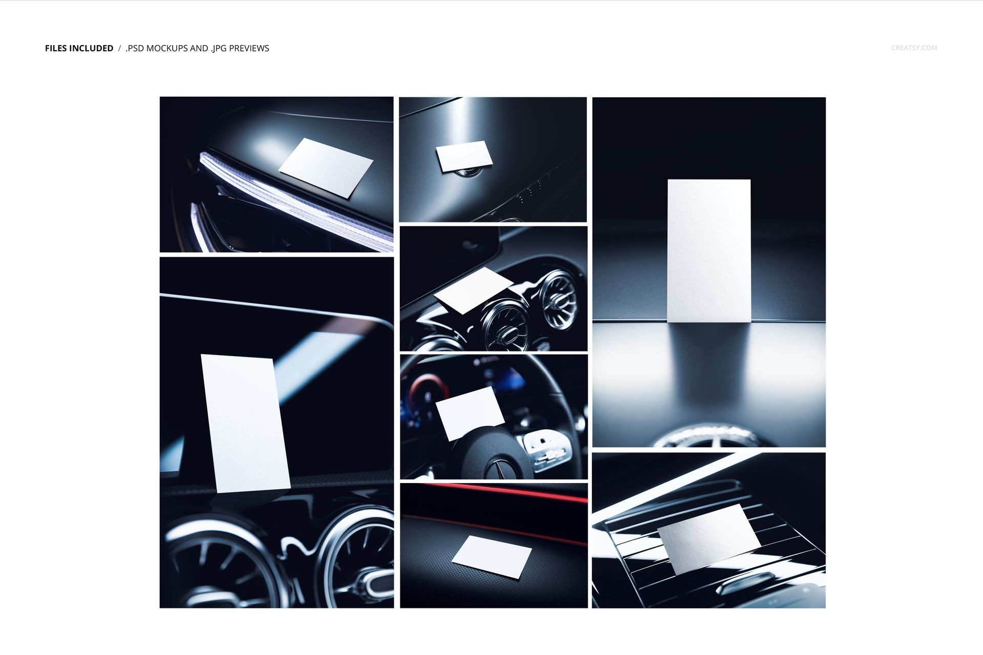 Blank business cards shown on car interiors and exteriors, featuring close-up and angled views for mockup presentation.