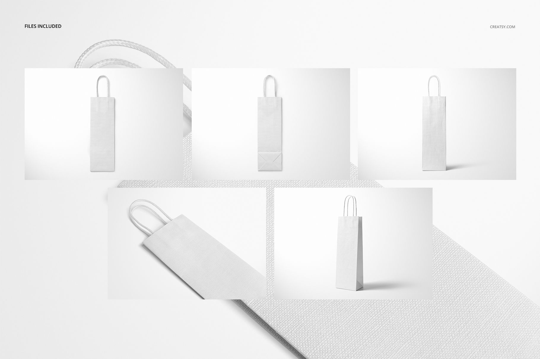 Eurotote wine tote bag mockup set showing five white vertical bags with handles on a plain light background.