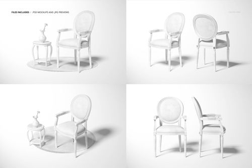 Louis XVI medallion back armchair and round side table mockup set in white, shown from multiple angles on a plain background.