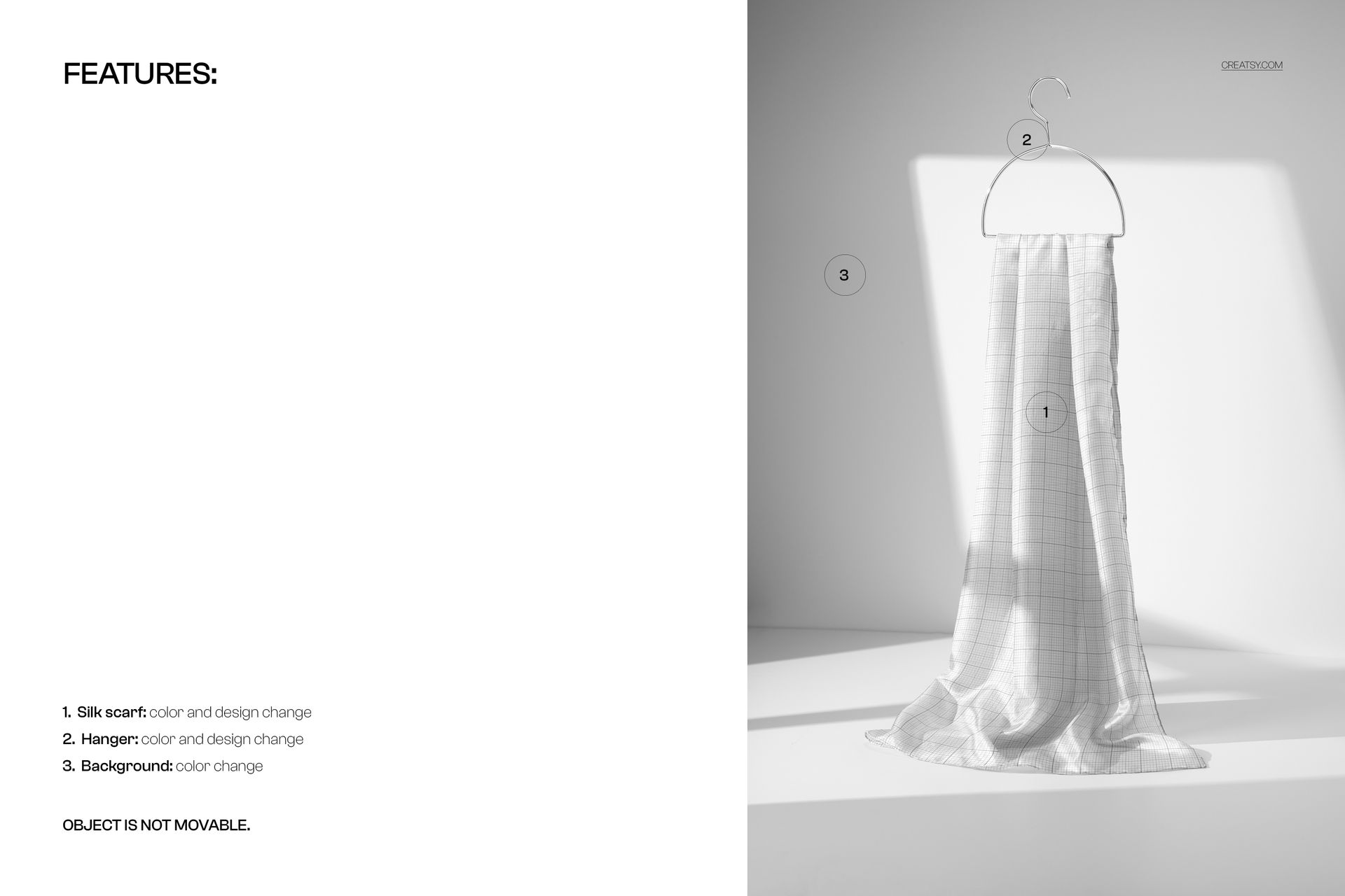Sunlit habotai silk scarf mockup draped over a minimalist hanger, front view with soft shadows and grid pattern.