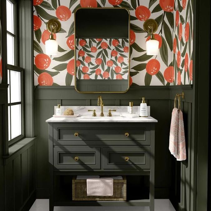 Bathroom mockup featuring a dark green vanity with a white countertop, gold fixtures, and a bold orange and green floral wallpaper.