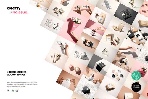 Collage of sticker mockups on various packaging items, including jars, boxes, and envelopes, shown from angled views.