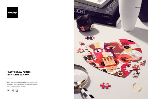 Top view of a heart jigsaw puzzle mockup on a stylish desk with scattered pieces, books, and decorative props nearby.