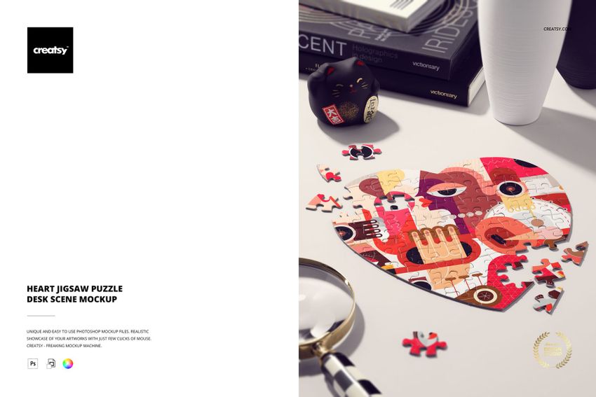 Free Heart Jigsaw Puzzle Desk Scene PSD Mockup - mockup screenshot 1