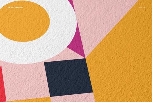 Close-up view of a fine art print mockup featuring textured paper with geometric shapes in yellow, pink, white, and black.
