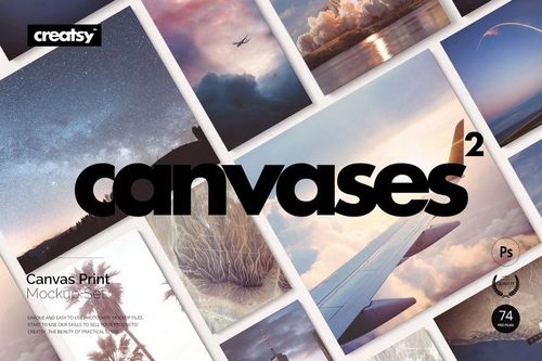 PSD mockup set showing various rectangular canvas prints with photographic art, arranged diagonally on a pale surface.