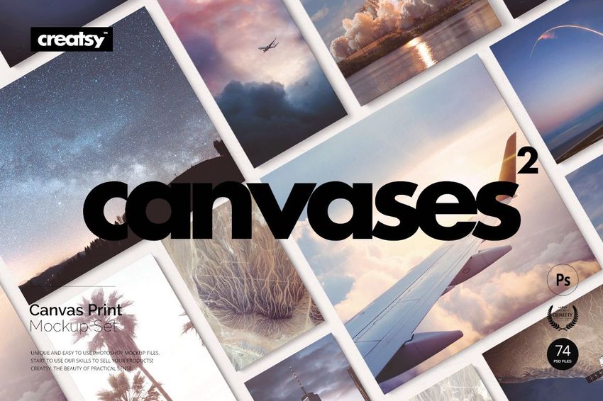 PSD mockup set showing various rectangular canvas prints with photographic art, arranged diagonally on a pale surface.