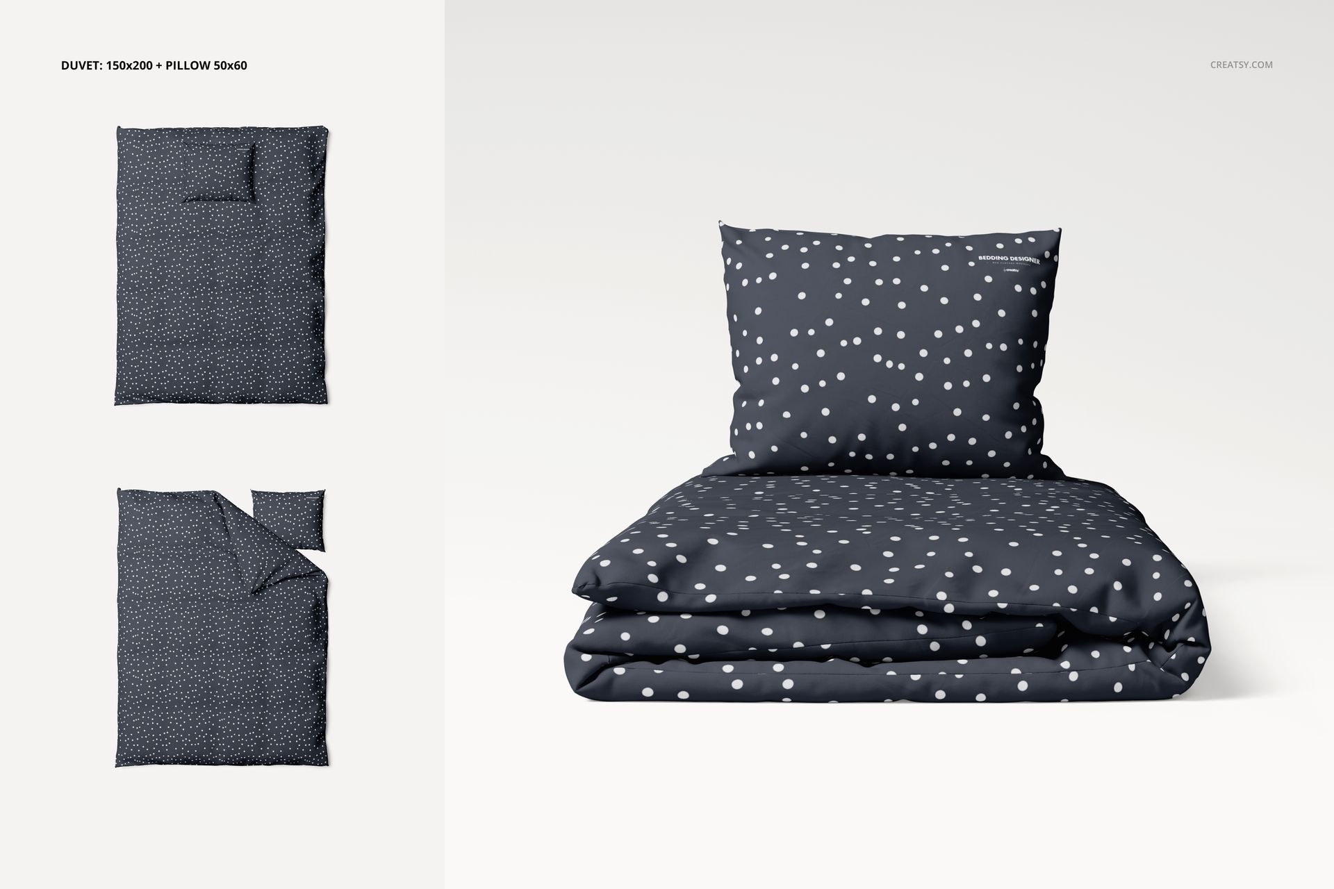 Front view of a bedding set mockup with a pillow and duvet featuring a dark background and white polka dot pattern.