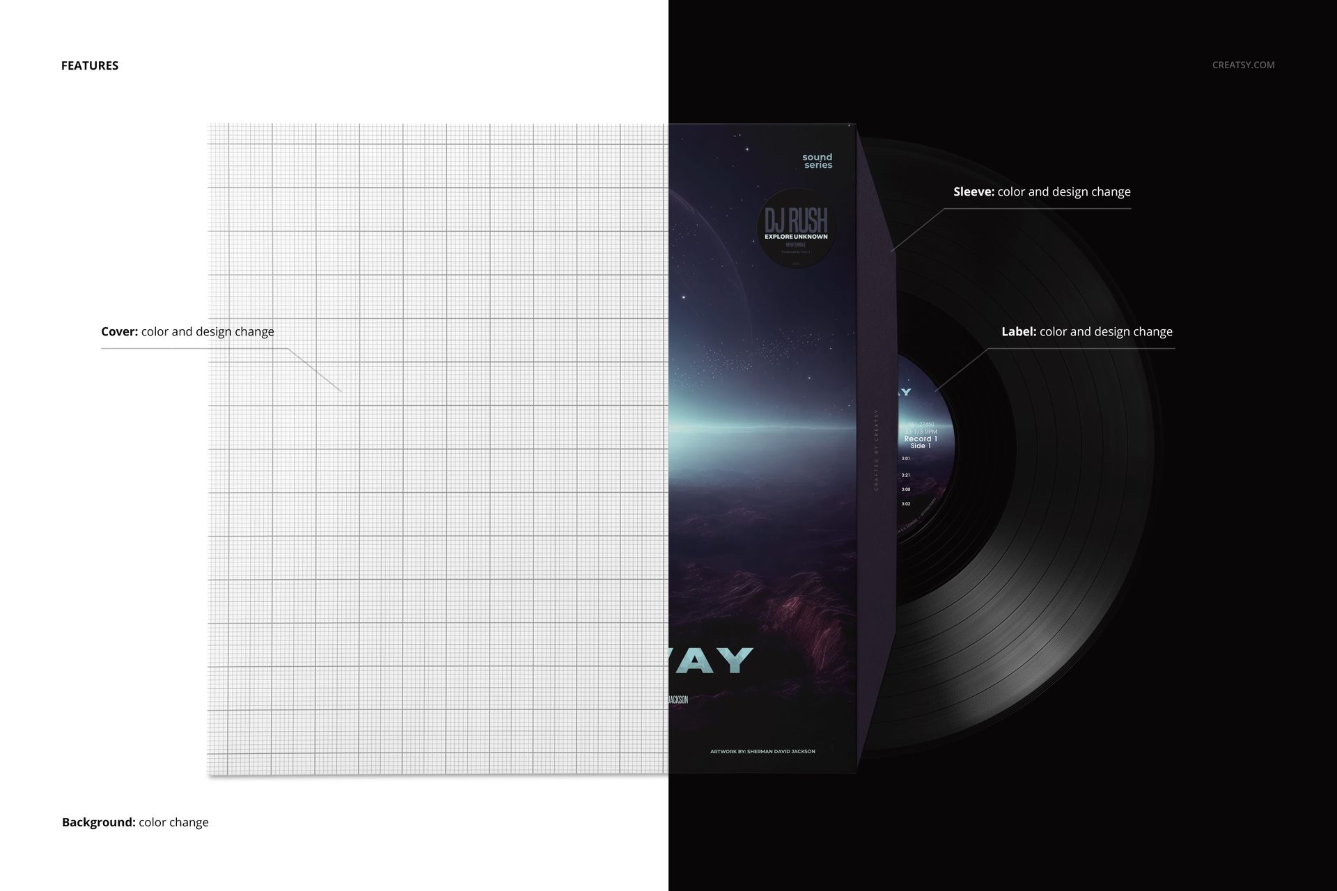 Vinyl record mockup featuring a black disc and customizable sleeve, displayed with half grid and half space artwork.