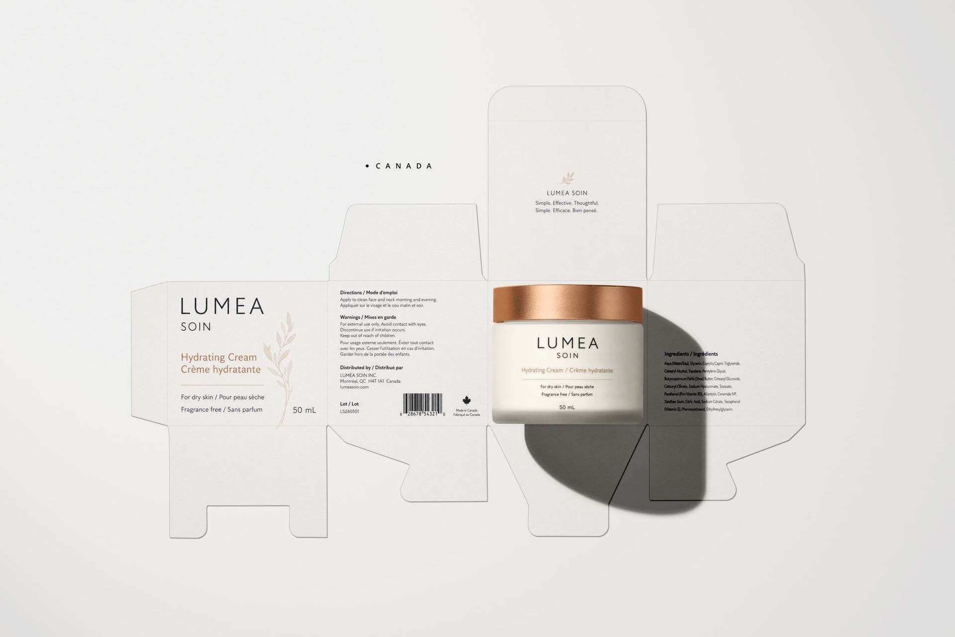 Canadian bilingual skincare cream packaging mockup with English and French product copy, directions, warnings, and metric quantity