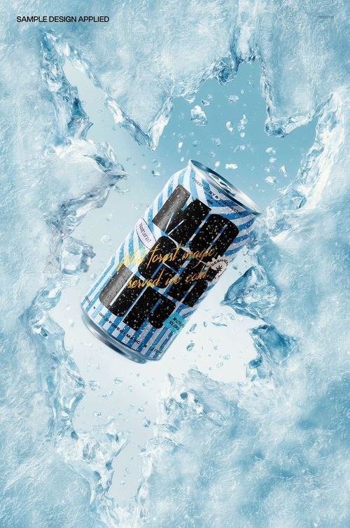 PSD mockup of a soda can featuring a striped pattern bursting through icy shards, viewed from a dynamic angle.