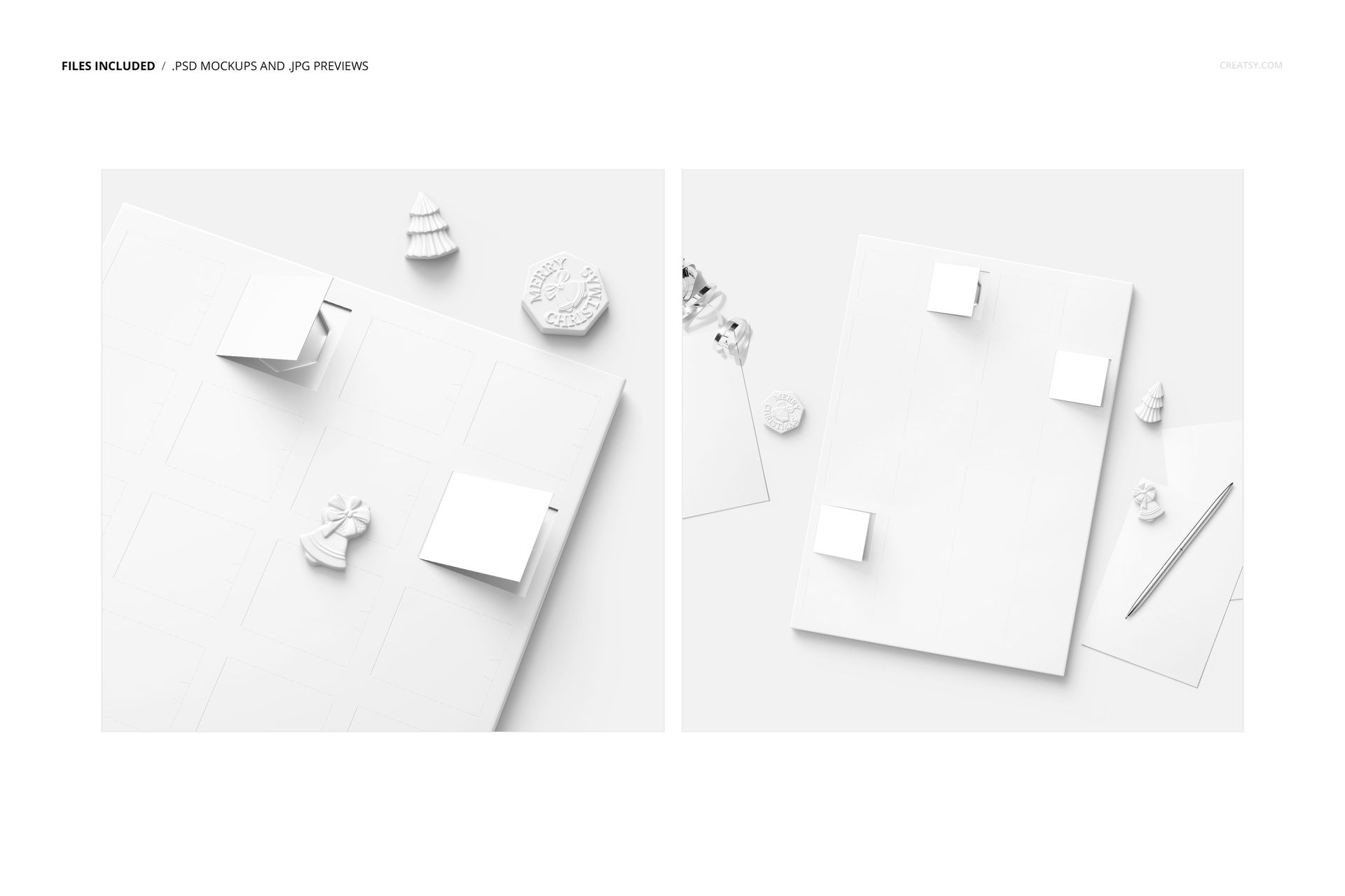Paper advent calendar mockup in a minimalist white scene, shown from a top view with small Christmas props nearby.