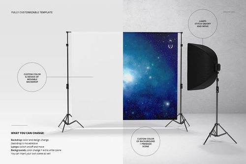 Photography backdrop mockup set with two stands, one plain white and one featuring a blue starry design, front view.