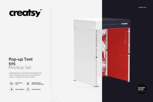 Front view of a 5x5 pop up tent mockup with white top, one solid red wall, and abstract leaf design on side.