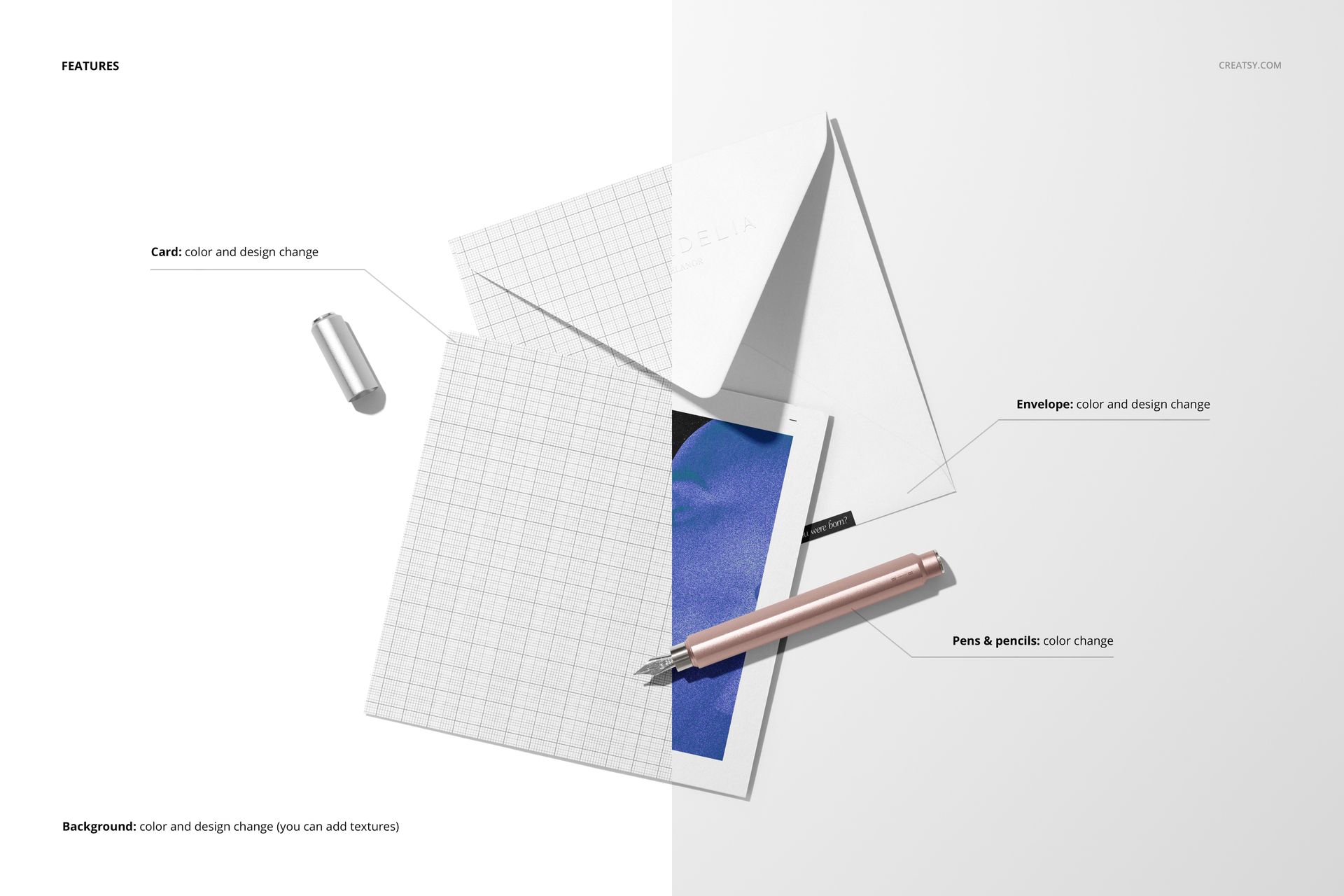 Square card and envelope stationery mockup set with grid pattern, silver pen, and split white background, top view.
