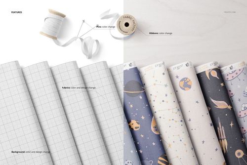 Folded fabric mockup set featuring five rolls of fabric with different patterns and colors, shown from a top view.