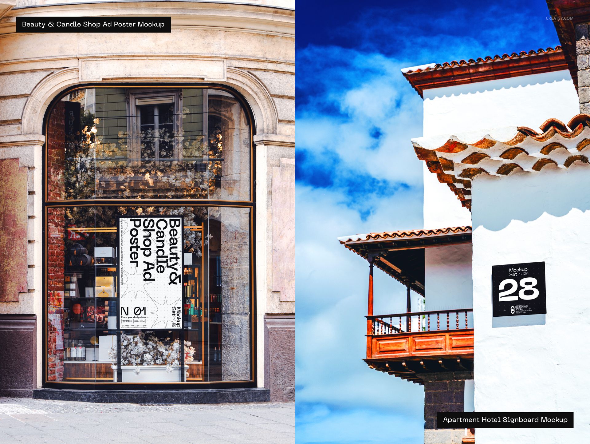Split image showing a city shop window with a vertical poster mockup on the left and a hotel signboard on a white building with a balcony on the right.