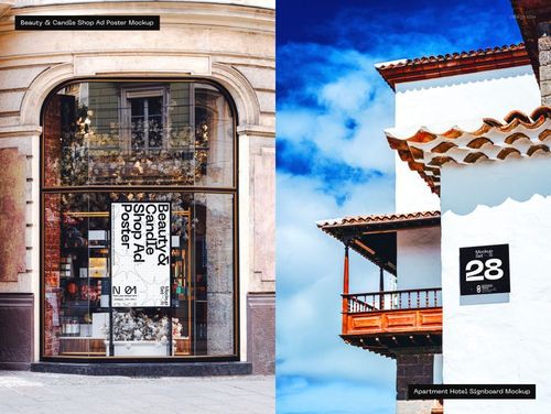 Split image showing a city shop window with a vertical poster mockup on the left and a hotel signboard on a white building with a balcony on the right.