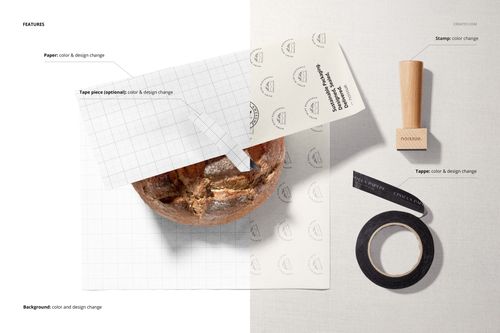 Bakery-themed food safe paper mockup with grid and logo patterns, shown with bread, stamp, and tape on a light surface.