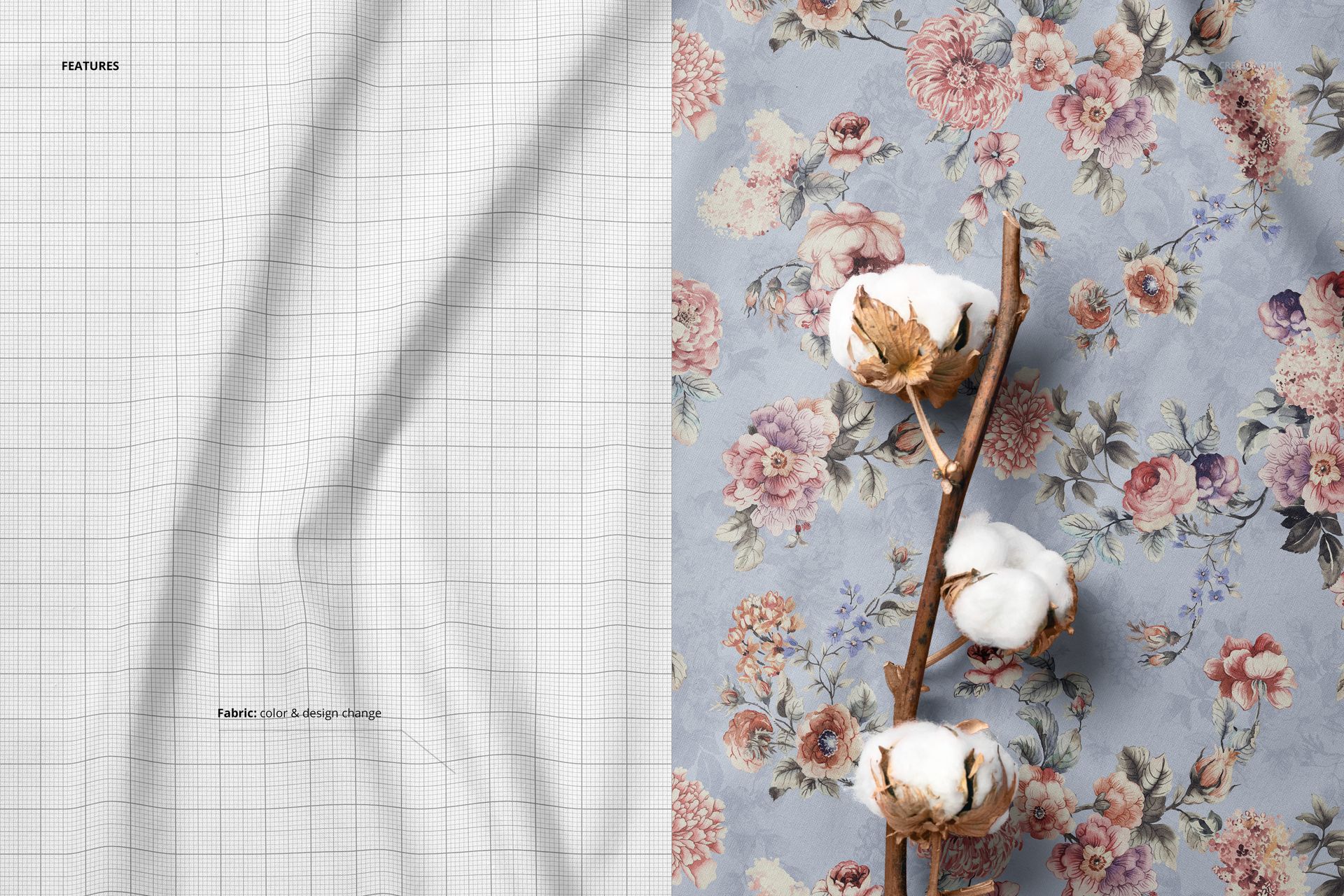 Fabric mockup showing a closeup of a cotton branch on a floral patterned textile with a blue background.