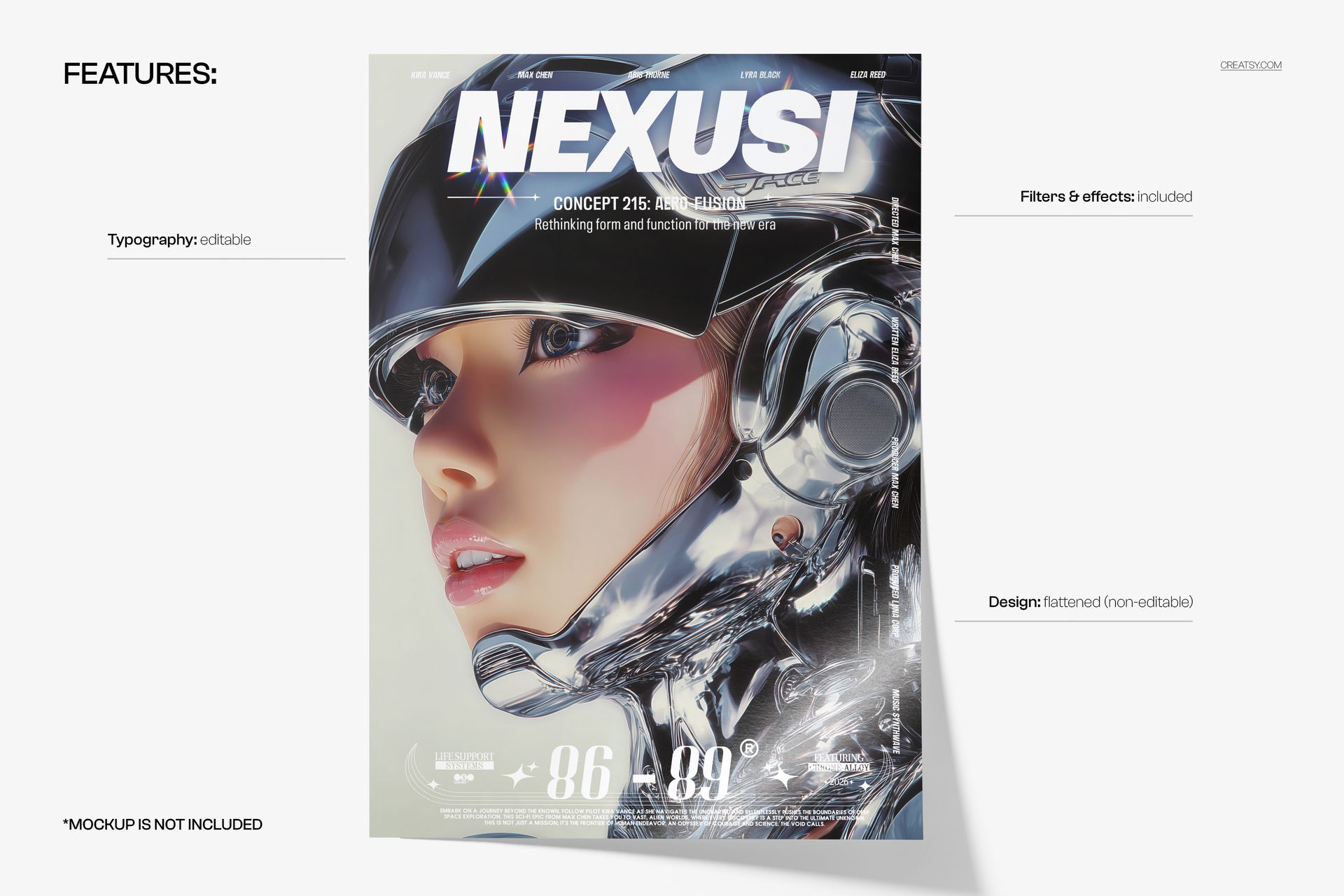 Front view of a poster mockup featuring a futuristic chrome design with metallic textures and editable typography.