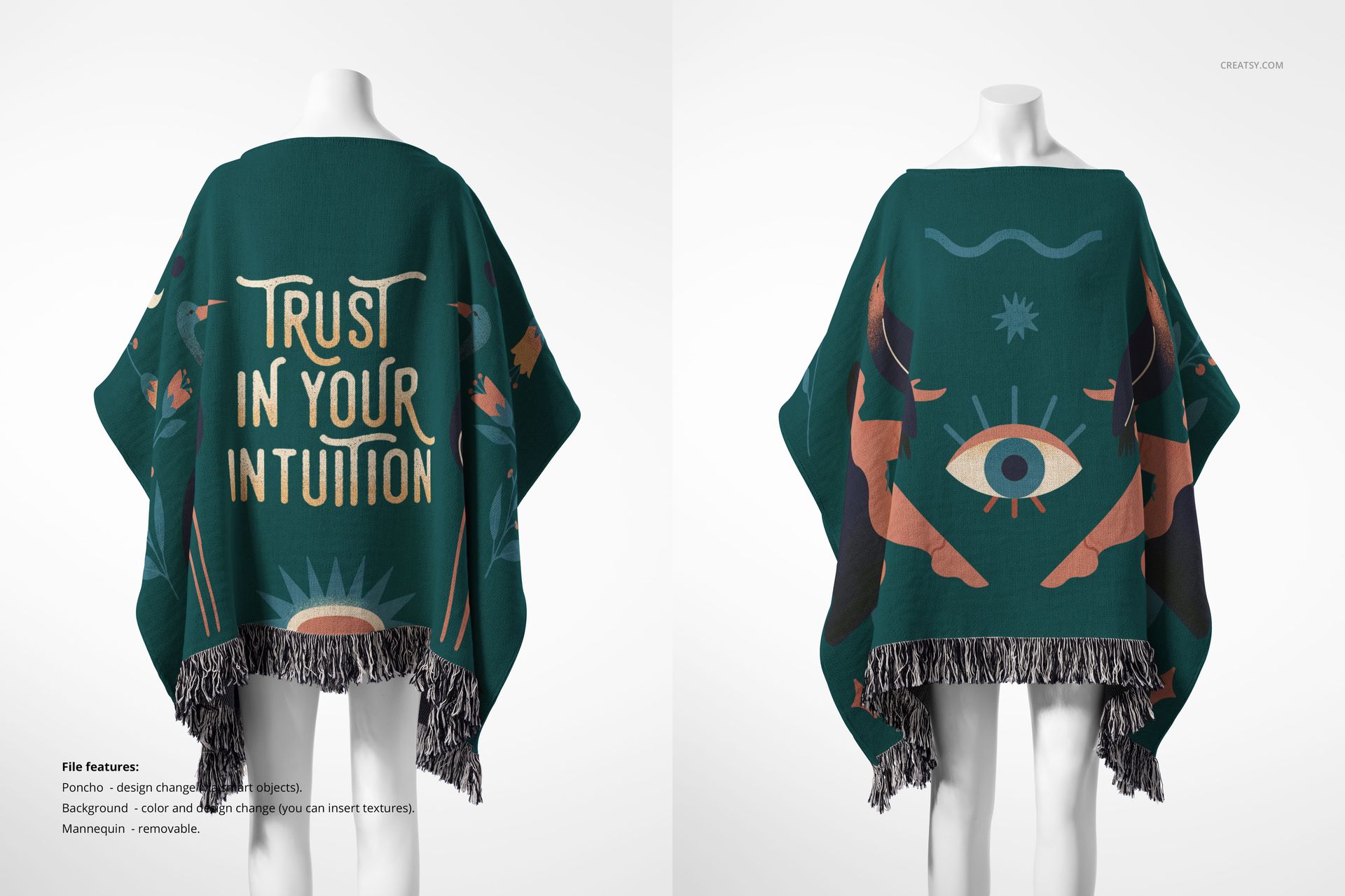 Front and back view of a woven poncho mockup on a mannequin, featuring teal fabric with graphic patterns and fringe trim.