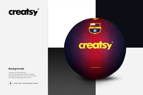 Front view of a soccer ball mockup featuring a geometric red and blue pattern, placed against a split neutral background.