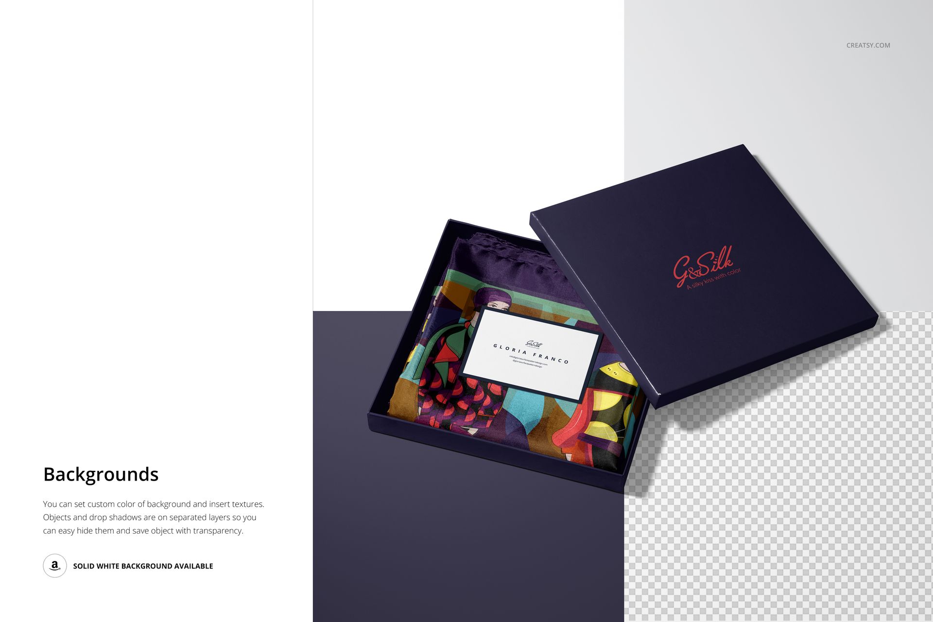 Top view of a mockup set featuring a folded multicolored silk scarf inside a navy blue box with a matching lid nearby.