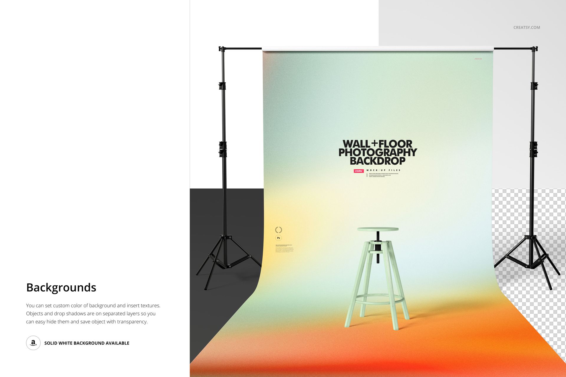 PSD mockup of a photography backdrop in pastel gradient hues, shown with a stool and support stands, front perspective.