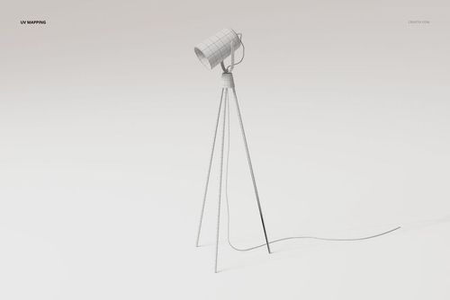 Metal tripod lamp 3D model with wireframe texture, shown from a front angle on a plain light background.