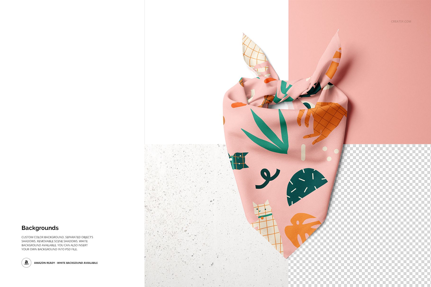 Top view of a pet bandana mockup featuring playful shapes and leaves on pink, set on quadrant backgrounds.