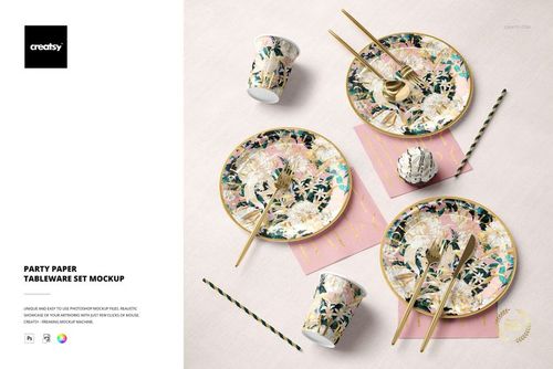 Floral party paper plates, cups, napkins, and gold utensils displayed on a pale background in a PSD mockup scene.