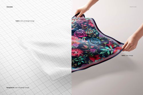 Square silk scarf mockup showing a vibrant floral pattern, held by hands on the right and plain fabric on the left.