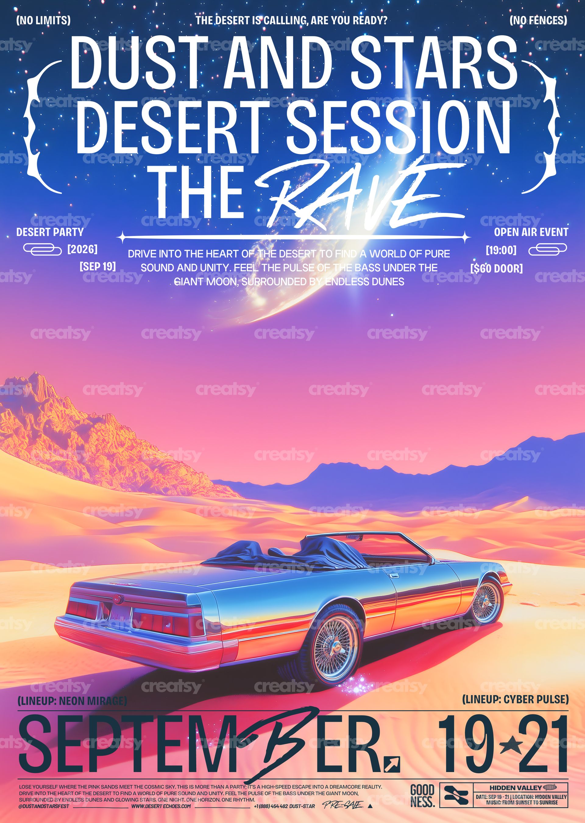 Colorful PSD mockup poster with a retro car in a vibrant desert landscape, event details and dates displayed prominently.