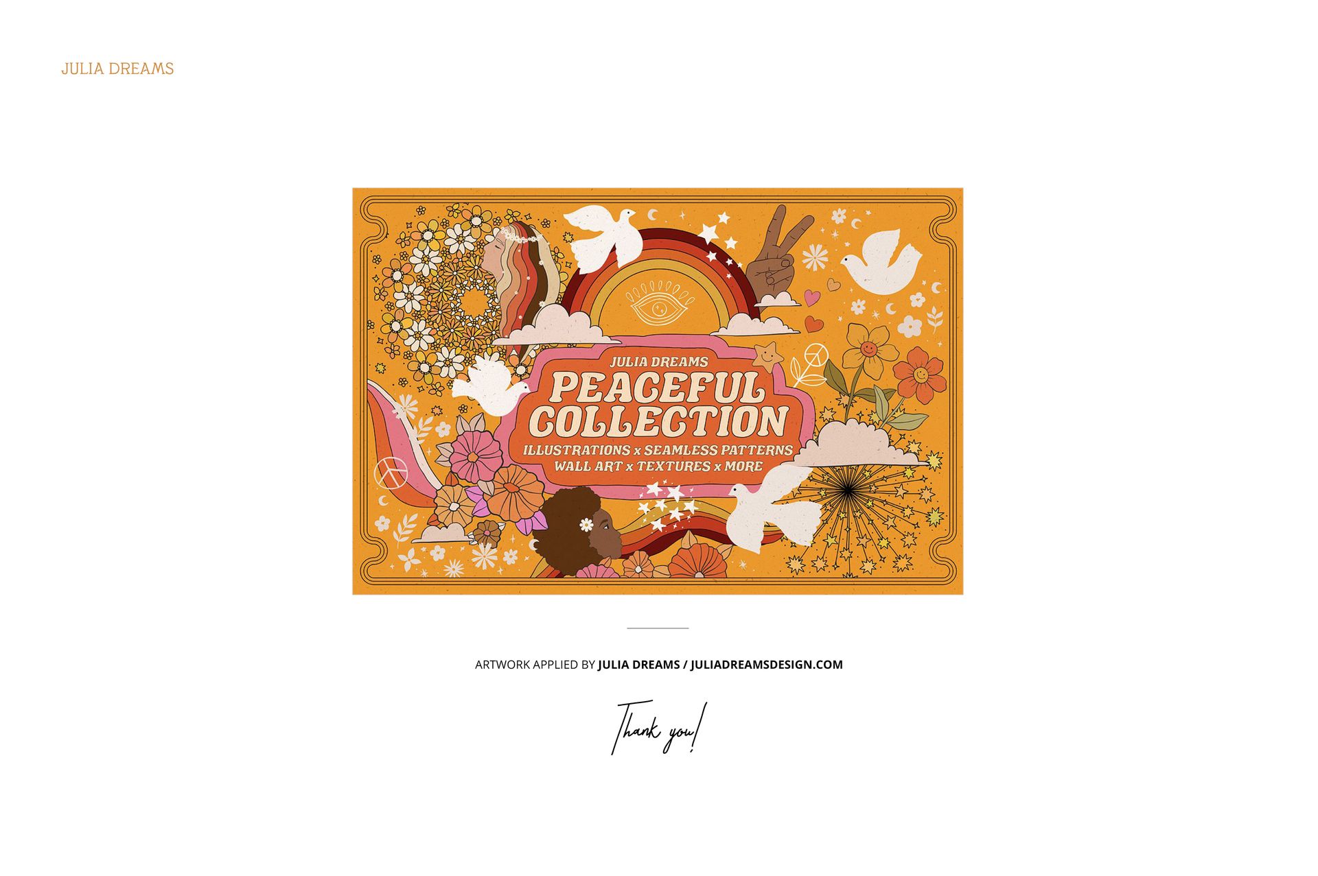 Folded fabric mockup with vibrant flowers, birds, and rainbow design on an orange background, viewed from the front.