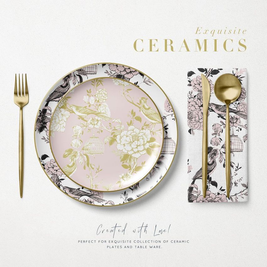 Placemat napkin plate mockup showing a floral and bird pattern plate on a white surface with gold cutlery and a matching napkin.