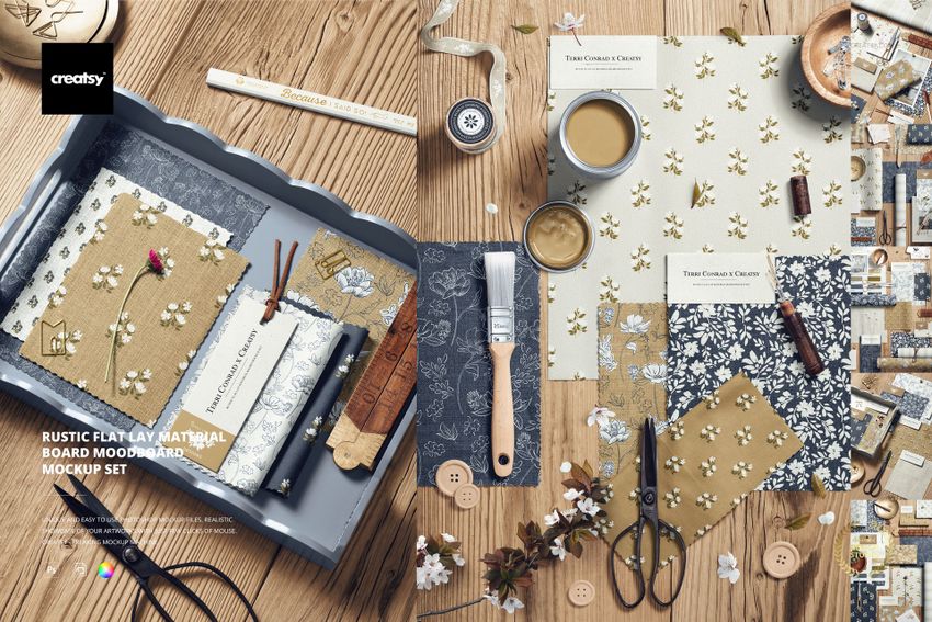 PSD mockup showing a moodboard arrangement with textiles, paper, art supplies, and small decorative props in a cozy setting.