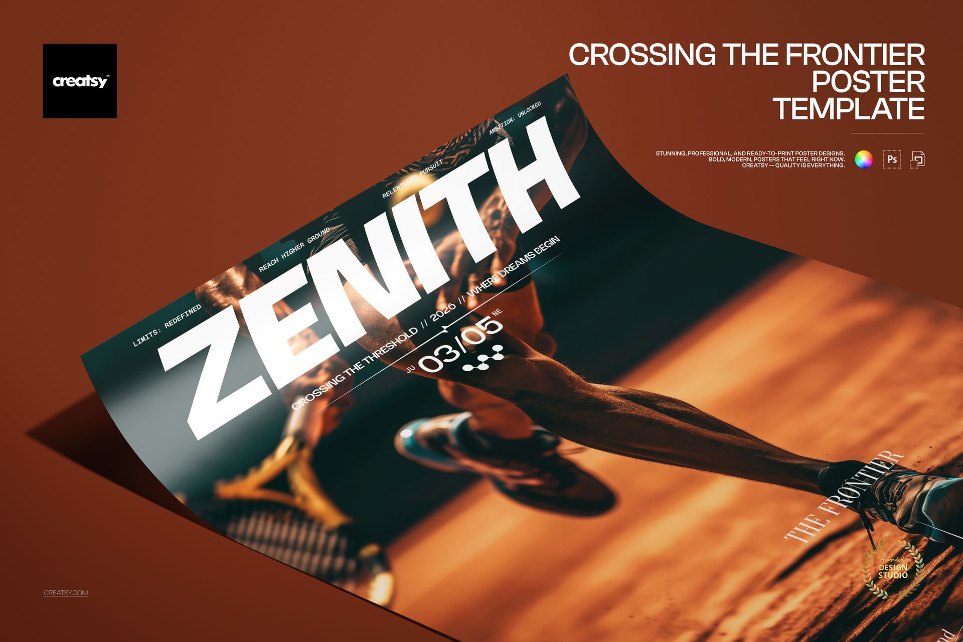 Front view of a poster mockup showing a dynamic sports scene with a runner in motion, bold text, and warm colors.