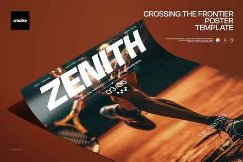 Front view of a poster mockup showing a dynamic sports scene with a runner in motion, bold text, and warm colors.