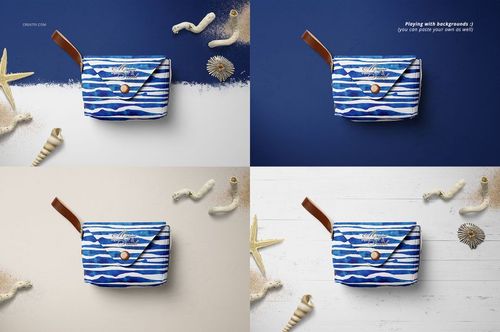 Small leather pouch wallet mockup with blue and white striped pattern, shown from above on four different backgrounds.