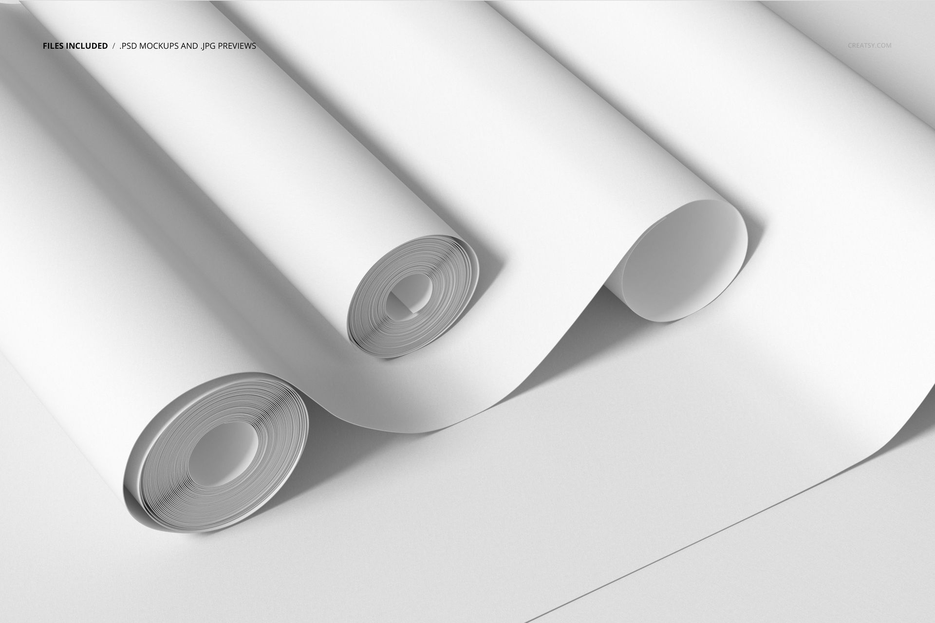 Minimalist PSD mockup featuring four blank paper wallpaper rolls, positioned side by side on a neutral surface.